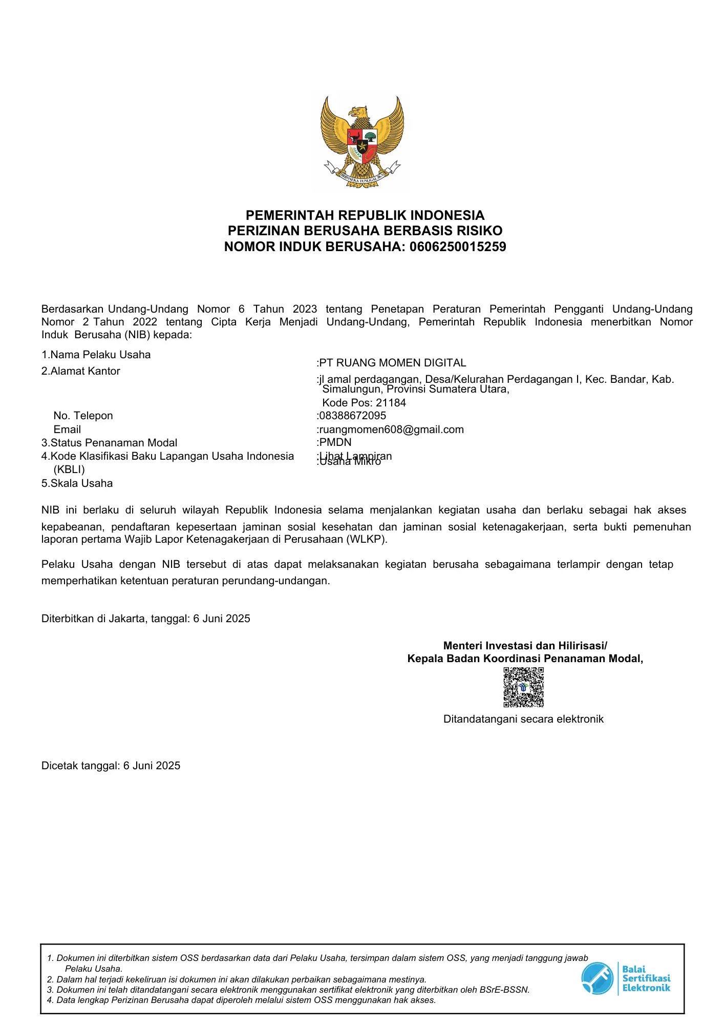 NIB PT RUANG MOMEN DIGITAL